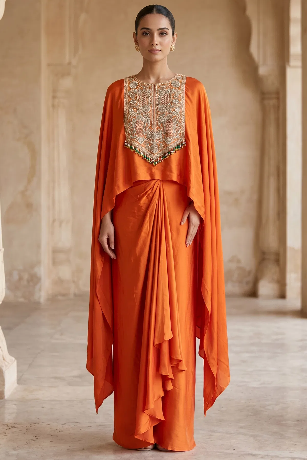 orange-zardosi-embroidered-satin-designer-drape-skirt-set-ab2966