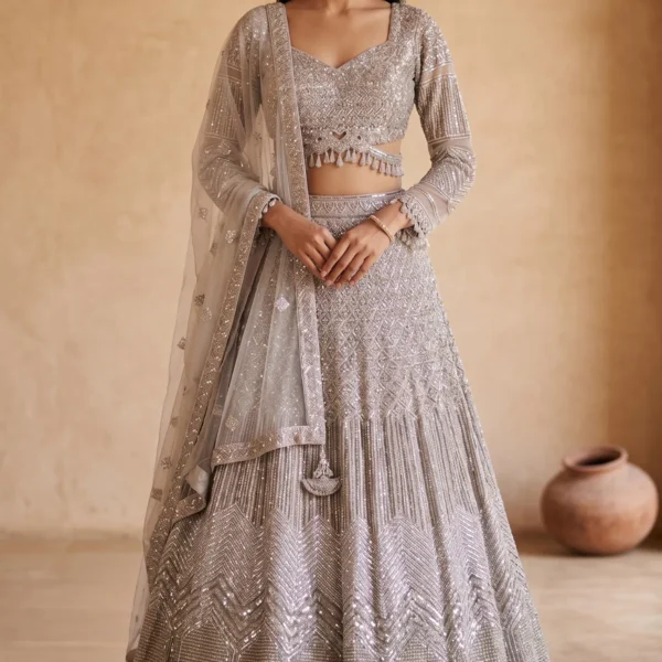 Pale Beige Sequins Embroidered Net Designer Lehenga with Full Sleeves Blouse-AC2718