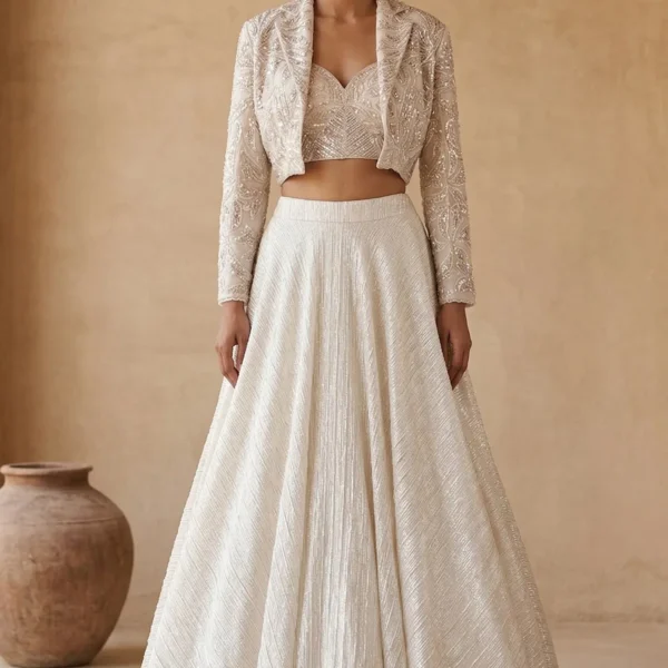 Pale Beige Sequins Embroidered Shimmer Lehenga with Jacket-JL4132