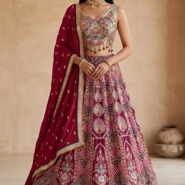 Pink Sequins Embroidered Crepe Designer Lehenga with Readymade Sleeveless Blouse-AC3064