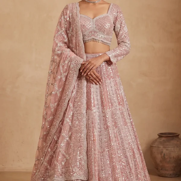 Pink Sequins Embroidered Net Bridesmaids Lehenga with Full Sleeves Blouse-AB1606