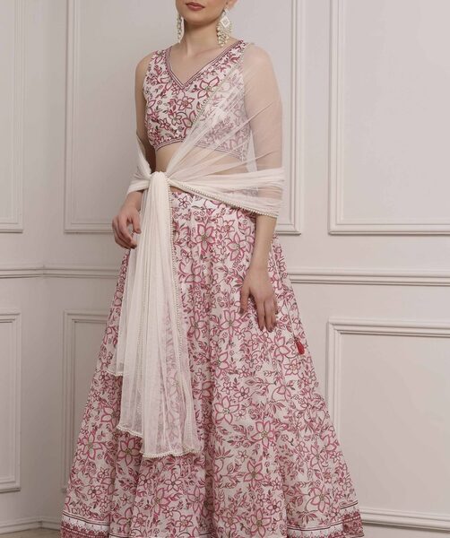 Ivory & Pink Poly Chanderi Floral Printed Lehenga Set