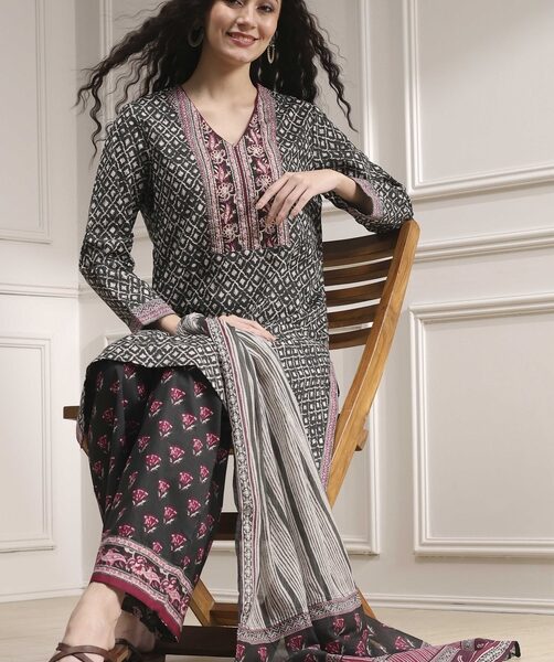 Black Cotton Printed Straight Suit Set