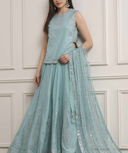 Blue Cotton Printed Lehenga Set