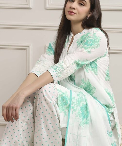 Sea Green and White Cotton Printed Straight Salwar Suit Set