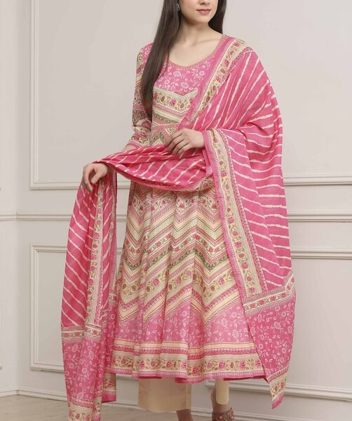 Pink Cotton Printed Anarkali Suit Set