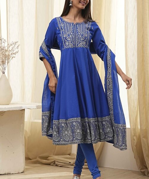 Sale Blue Cotton Embroidered Anarkali Suit Set
