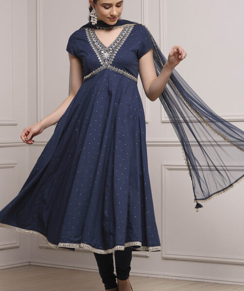 Blue Cotton Yoke Design Flared Suit Set