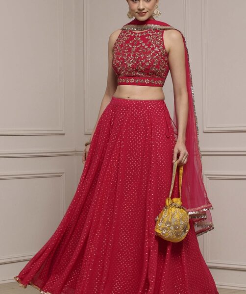 Fuchsia Poly Georgette Embroidered Lehenga Set