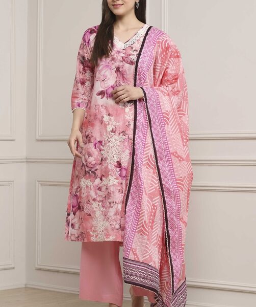 Pink Cotton Floral Printed Straight Suit Set