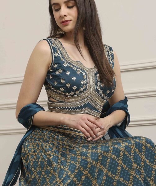 Teal Cotton Blend Printed Embroidered Lehenga Set