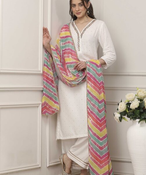 White & Pink Yoke Design Straight Suit Set