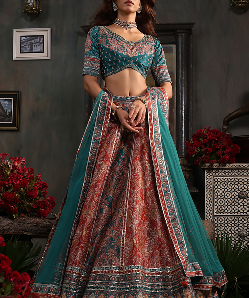 Sale Turquoise Hand Embroidered Flared Lehenga Set