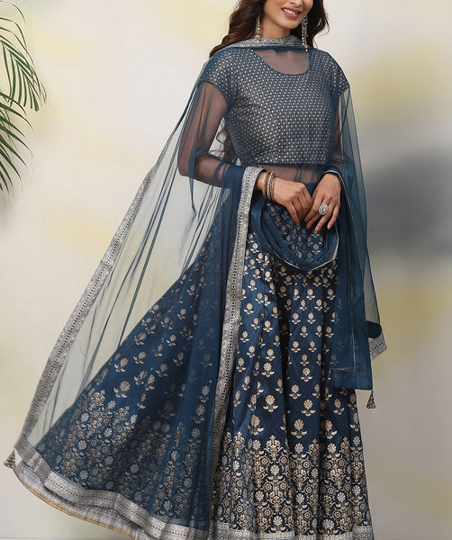Teal Straight Art Silk Lehenga Set