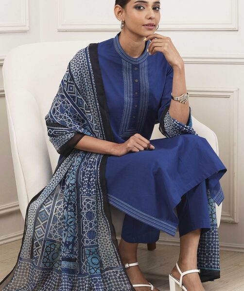 Indigo Cotton Solid Straight Suit Set
