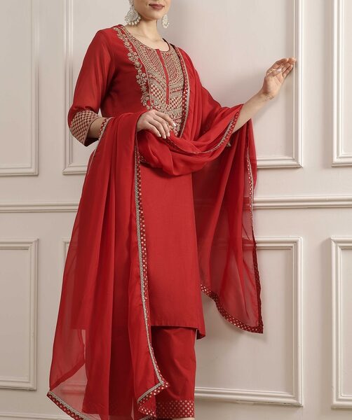 Red Embroidered Art Silk Straight Suit Set
