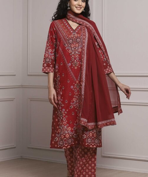 Red Cotton Printed Straight Suit Set